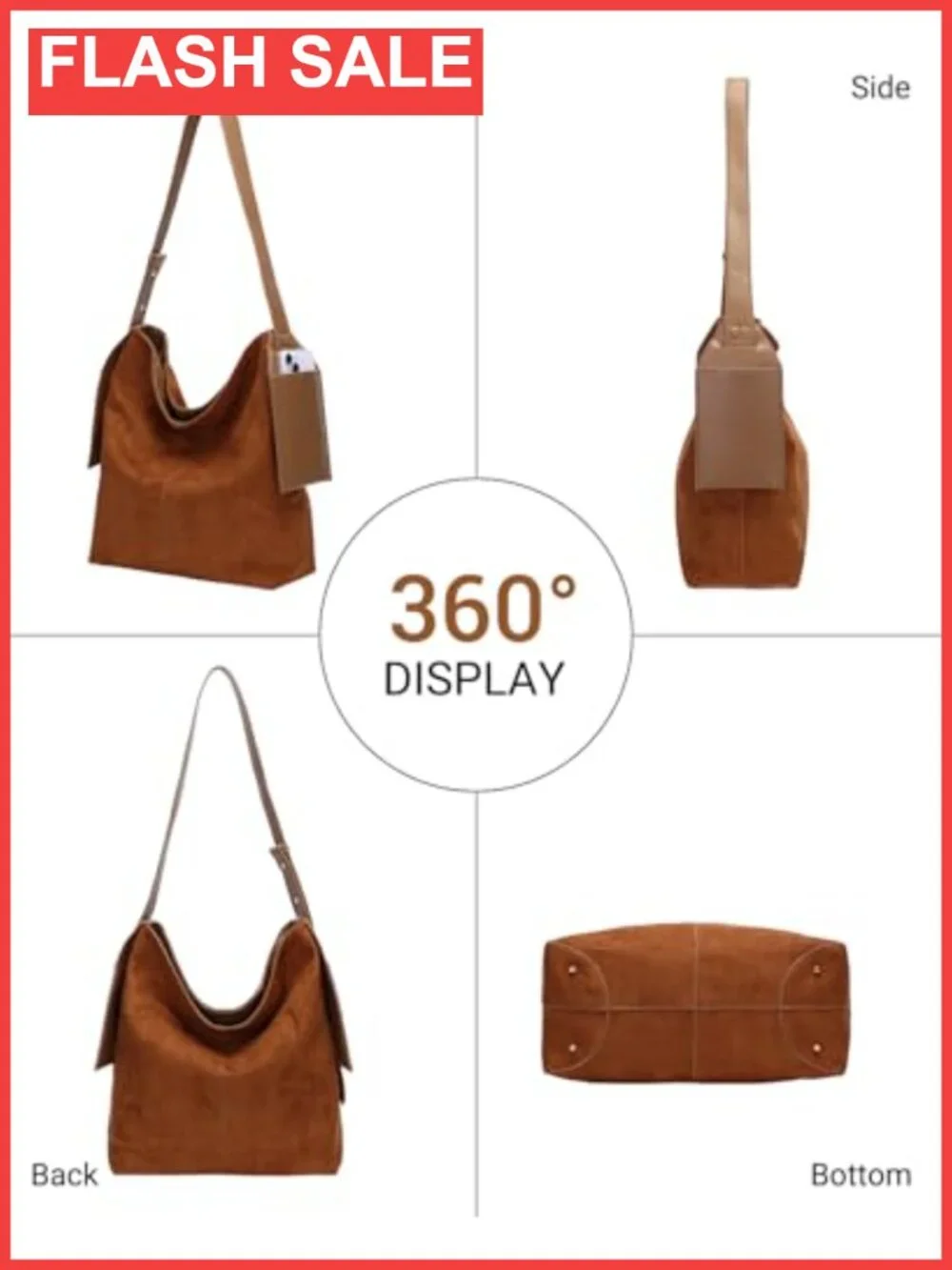 Soft Slouchy Suede Leather Hobo Shoulder Bag Adjustable Strap Vegan Faux PU